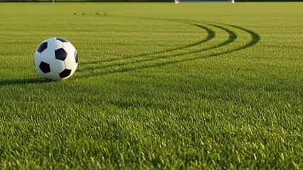 Soccer ball on a lush green field with tire tracks