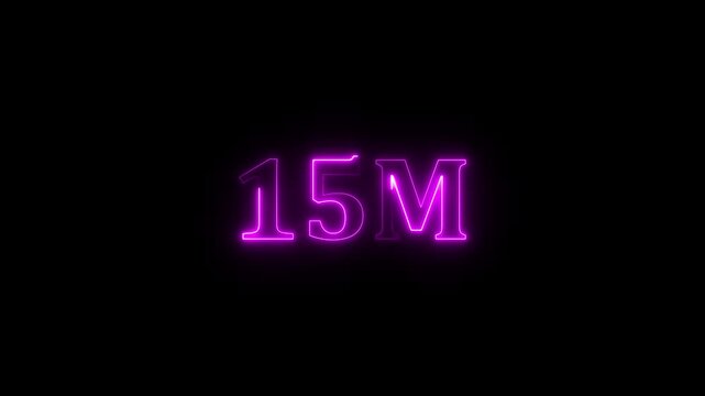 neon glowing purple 15m one million text number animation, social media views counter -15m views 15M views text animation, 15m number 4k video animation 15M text animation on black background.