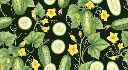 A vibrant seamless pattern showcasing cucumbers, flowers, and leaves in various stages of growth against a dark backdrop