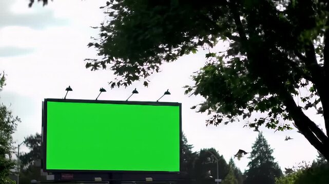 Green Screen Billboard with Birds Flying Around and Trees.