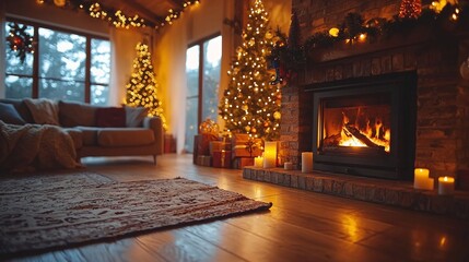 Fototapeta premium Cozy Christmas Living Room With Fireplace and Tree Image