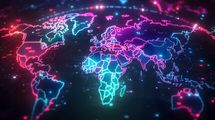 Vibrant global connections map with neon pink and blue outlines