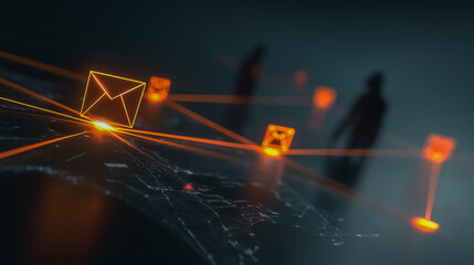 Digital communication and human silhouettes intertwined within a dynamic network of interconnected email symbols, portraying the complex world of virtual correspondence.