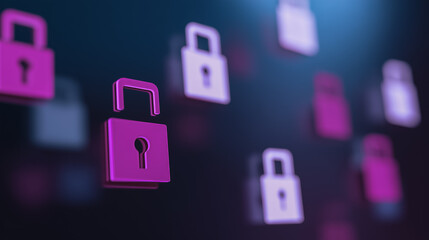 An artistic and abstract representation of data security, with multiple lock icons floating on a sleek, dark background. The scene symbolizes protection, privacy.