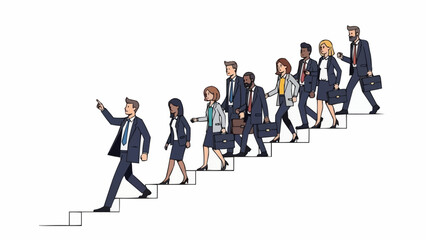 Diverse group of professionals following a leader up a staircase symbolizing career advancement.