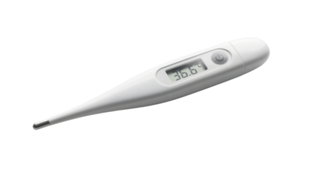 Digital thermometer measures temperature in a home setting during a health check on a morning in autumn