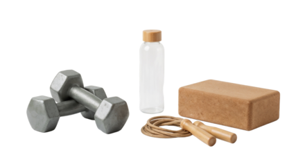 Workout equipment on a white background showing dumbbells, a water bottle, a yoga block, and a skipping rope