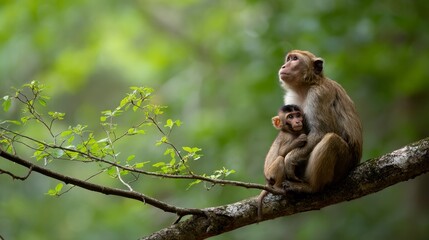 A mother monkey and her baby sit peacefully on a tree branch, observing nature in a lush, green forest environment