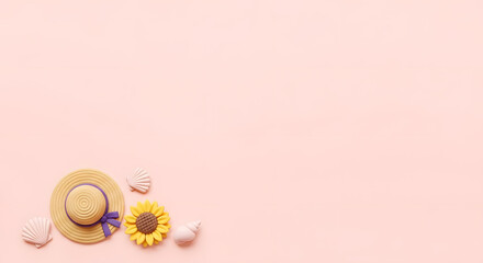 夏のひまわりと麦わら帽子と貝殻のクレイアートフレーム背景