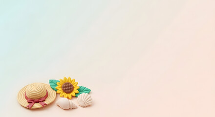 夏のひまわりと麦わら帽子と貝殻のクレイアートフレーム背景