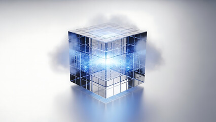 Crystalline cube with vibrant blue light at its core, symbolizing secure data processing, blockchain technology, or abstract computing power in a sleek, digital environment