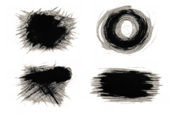 Black ink brush strokes creating grunge textures and abstract paint splatters on a transparent background