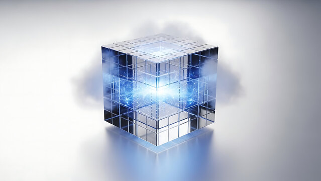 Crystalline cube with vibrant blue light at its core, symbolizing secure data processing, blockchain technology, or abstract computing power in a sleek, digital environment - Powered by Adobe