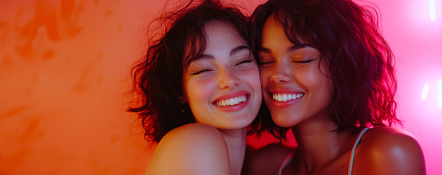 Retrato de dos amigas j&oacute;venes y felices abraz&aacute;ndose. Concepto de amistad, diversidad y estilo de vida