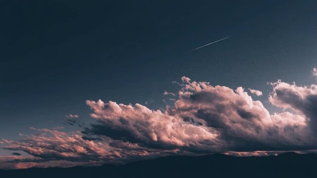 Serene Sky with Clouds and Contrail: A breathtaking scene where pastel-colored clouds gently float against a backdrop of the serene, deep blue sky. A single contrail streaks across the expanse.