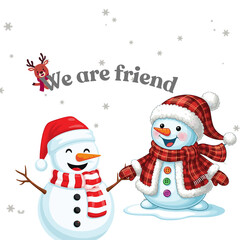 Two snowmen holding hands in a winter scene with snowflakes and a festive atmosphere