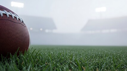 American football on green grass field in stadium
