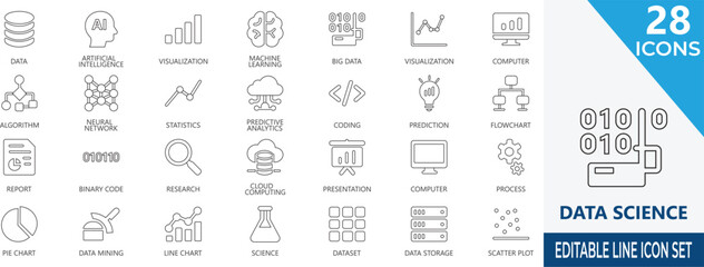 data science stroke icons featuring analytics , statistics, database, binary, graph, management, innovation