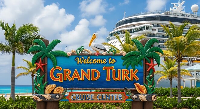 A vibrant sign welcomes visitors to a cruise center on a tropical island. Palm trees and a large ship are visible