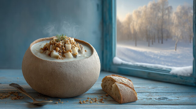 Creamy winter soup in rustic bowl food served with crusty bread warm comforting scene