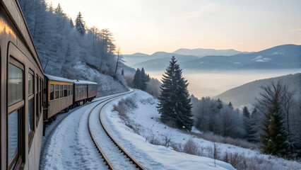 Tourists traveling on a train through a snowy hillside with mountains in the background.