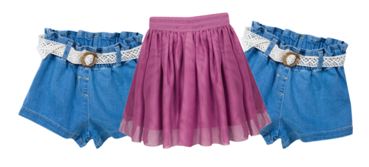 charming denim shorts and a delightful purple skirt on a clean background, ideal for apparel blogs and online fashion stores and social media