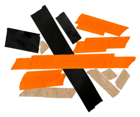 creative abstract design photograph featuring overlapping black, orange, and beige duct tape pieces on a stark black backdrop creating a textured collage effect