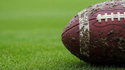 Muddy American football on green grass field closeup