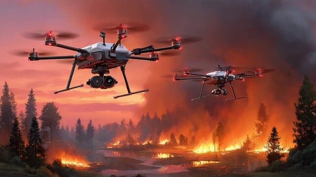 Drones fight Fire: A pair of state-of-the-art drones hover over a raging wildfire, their advanced technology monitoring the inferno and providing crucial data for firefighting efforts.
