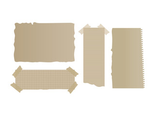 Torn paper notes with grid and lined patterns taped down