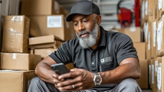 Logistics and Communication: A seasoned delivery professional uses his mobile phone amidst a stack of packages.