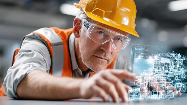 Precision and Expertise: A seasoned engineer, adorned in a safety helmet and protective eyewear, intently examines intricate designs.