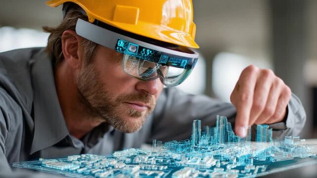 Innovator with Future Tech: A focused professional, clad in a hardhat, engages with holographic projections, symbolizing the forefront of innovation and progress.