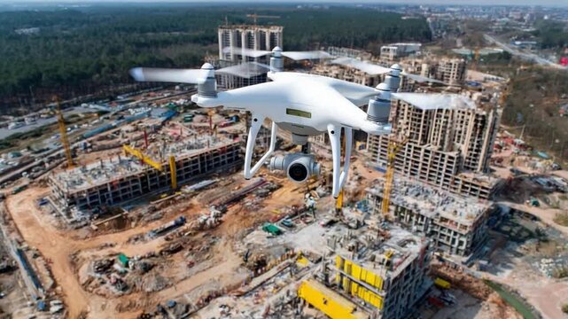 Aerial View of Construction Site: An drone hovers above a bustling construction site, capturing the ongoing progress of the development. Witness the building site with a keen eye in the process.