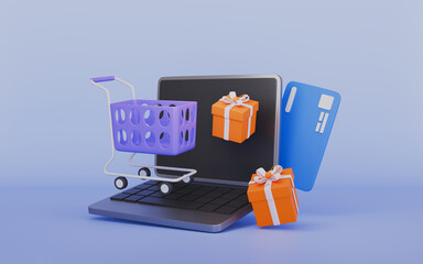 Laptop with shopping cart giftbox credit card sign for online shopping payment concept
