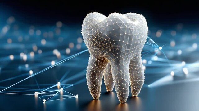 Digital Dental: An intricate digital rendering of a molar, highlighting its complex structure against a dynamic, futuristic backdrop.