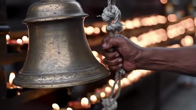 Close up of a hand ringing a brass bell in a temple with bokeh lights in the background.