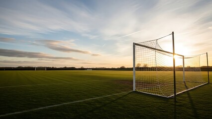Serene soccer field at sunset with goalposts and lush green grass