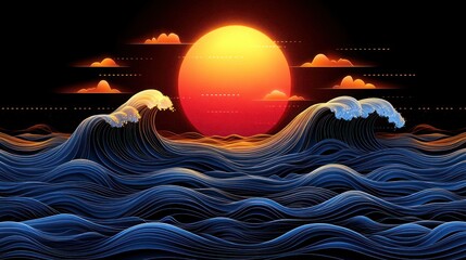Stylized ocean waves at sunset abstract line art illustration