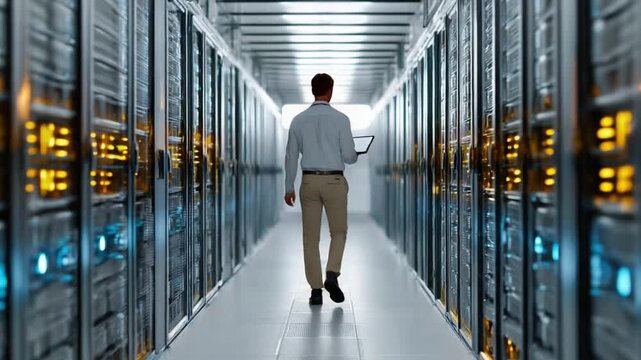 Tech's Core: An IT professional navigates a futuristic data center, a symbol of innovation, surrounded by rows of gleaming servers.
