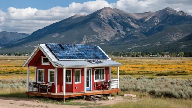 Eco-Friendly Cottage in Mountain Scenery: A picturesque red cottage, adorned with solar panels, nestled amidst a breathtaking landscape of rolling hills and majestic mountains.