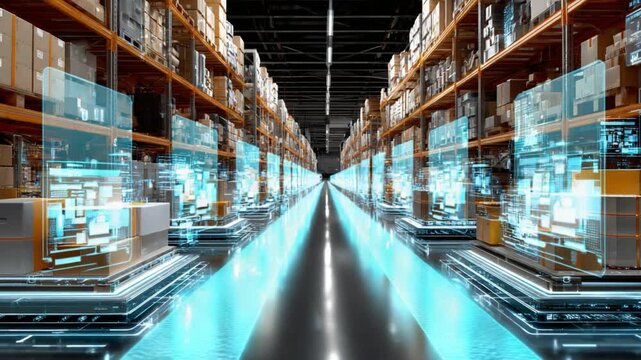 Digital Warehouse: A futuristic warehouse interior, with rows of shelves packed with inventory. The scene is illuminated with digital enhancements.