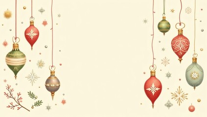 Elegant Vintage Christmas Ornaments and Snowflakes Festive Holiday Banner Background with Copy Space