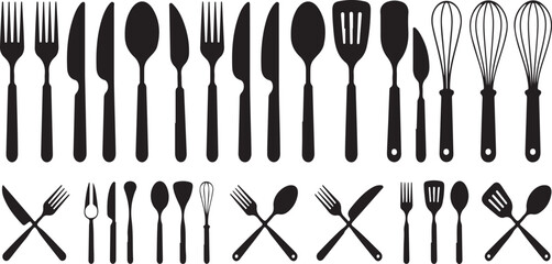 Black silhouette of various kitchen utensils and cutlery arranged in two rows fork knife