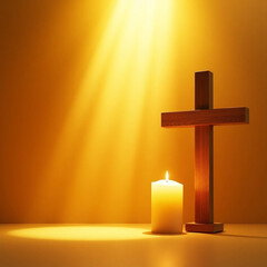 Title: Divine Radiance: Wooden Cross and Sacred Candlelight