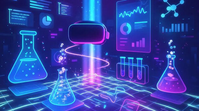 Futuristic VR headset with glowing science lab equipment and digital data visualizations