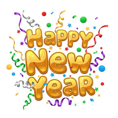 Vibrant Happy New Year celebration with gold text and colorful confetti