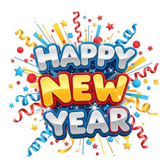Vibrant Happy New Year celebration graphic with colorful confetti