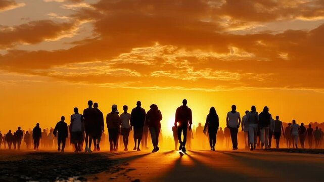 Golden Horizon: Silhouetted figures stride towards an infinite horizon, painted with the warm hues of a setting sun. This image embodies the human journey, reflecting hope, unity.