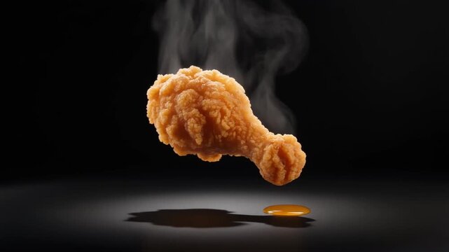 Close-up of a crispy fried chicken nugget with dark dramatic smoke on a black background.